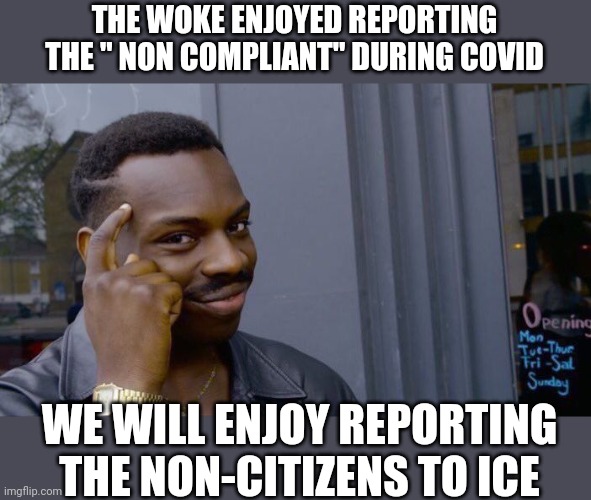 Same......but not | THE WOKE ENJOYED REPORTING THE " NON COMPLIANT" DURING COVID; WE WILL ENJOY REPORTING THE NON-CITIZENS TO ICE | image tagged in memes,roll safe think about it | made w/ Imgflip meme maker