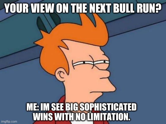 Futurama Fry | YOUR VIEW ON THE NEXT BULL RUN? ME: IM SEEING BIG SOPHISTICATED WINS WITH NO LIMITATION. | image tagged in memes,futurama fry | made w/ Imgflip meme maker