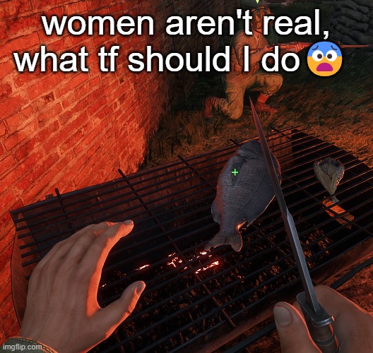 bro is grilling a fish | women aren't real, what tf should I do😨 | image tagged in bro is grilling a fish | made w/ Imgflip meme maker