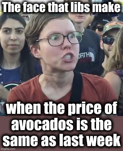 Mexican trade warn't | The face that libs make; when the price of
avocados is the
same as last week | image tagged in triggered feminist,memes,mexico,trade war,trump derangement syndrome,democrats | made w/ Imgflip meme maker