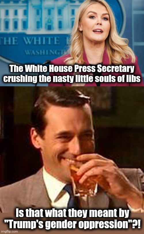 Gender what?! | The White House Press Secretary crushing the nasty little souls of libs; Is that what they meant by "Trump's gender oppression"?! | image tagged in jon hamm mad men,memes,karoline leavitt,press secretary,trump derangement syndrome,democrats | made w/ Imgflip meme maker