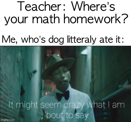 see,my d0g litt3raly ate my h0mework | Teacher: Where’s your math homework? Me, who’s dog litteraly ate it: | image tagged in it might seem crazy what i am bout to say,funny,memes | made w/ Imgflip meme maker