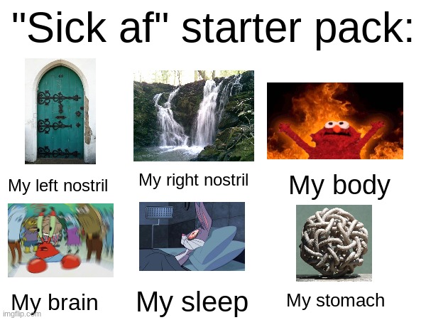 And it HAD to be on the weekend. | "Sick af" starter pack:; My right nostril; My body; My left nostril; My stomach; My sleep; My brain | image tagged in blank white template,sick,funny memes,imagine looking at the tags | made w/ Imgflip meme maker