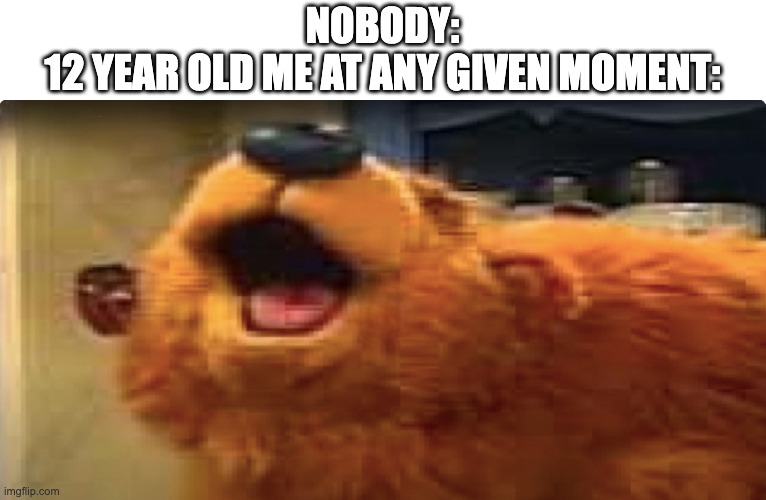 bear nutting | NOBODY:
12 YEAR OLD ME AT ANY GIVEN MOMENT: | image tagged in bear nutting,memes,funny,nut,sus,wtf | made w/ Imgflip meme maker