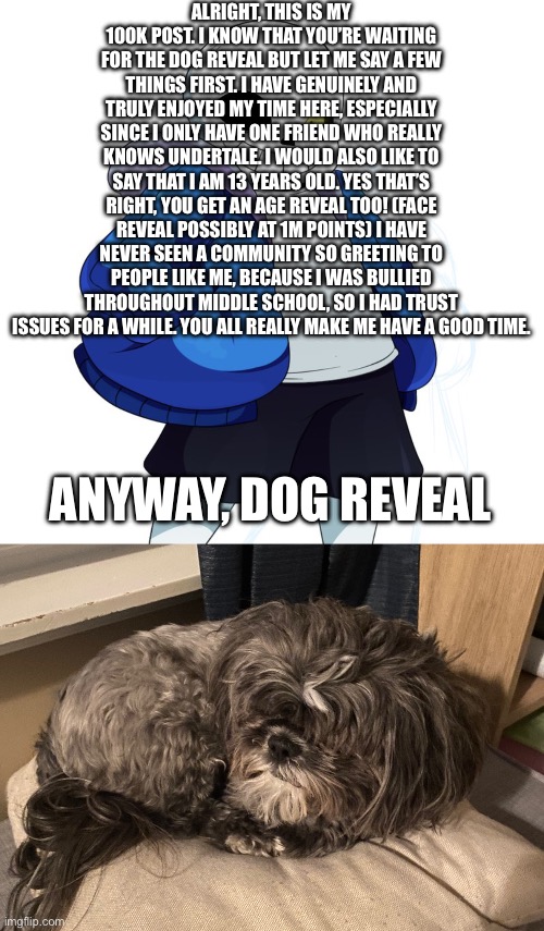 Dog reveal | ALRIGHT, THIS IS MY 100K POST. I KNOW THAT YOU’RE WAITING FOR THE DOG REVEAL BUT LET ME SAY A FEW THINGS FIRST. I HAVE GENUINELY AND TRULY ENJOYED MY TIME HERE, ESPECIALLY SINCE I ONLY HAVE ONE FRIEND WHO REALLY KNOWS UNDERTALE. I WOULD ALSO LIKE TO SAY THAT I AM 13 YEARS OLD. YES THAT’S RIGHT, YOU GET AN AGE REVEAL TOO! (FACE REVEAL POSSIBLY AT 1M POINTS) I HAVE NEVER SEEN A COMMUNITY SO GREETING TO PEOPLE LIKE ME, BECAUSE I WAS BULLIED THROUGHOUT MIDDLE SCHOOL, SO I HAD TRUST ISSUES FOR A WHILE. YOU ALL REALLY MAKE ME HAVE A GOOD TIME. ANYWAY, DOG REVEAL | image tagged in sans undertale,dog | made w/ Imgflip meme maker