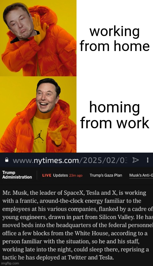 get back to the office | working from home; homing from work | image tagged in memes,drake hotline bling,elon musk,doge | made w/ Imgflip meme maker