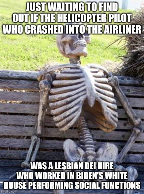 lesbian pilot error | JUST WAITING TO FIND OUT IF THE HELICOPTER PILOT WHO CRASHED INTO THE AIRLINER; WAS A LESBIAN DEI HIRE WHO WORKED IN BIDEN'S WHITE HOUSE PERFORMING SOCIAL FUNCTIONS | image tagged in memes,waiting skeleton | made w/ Imgflip meme maker