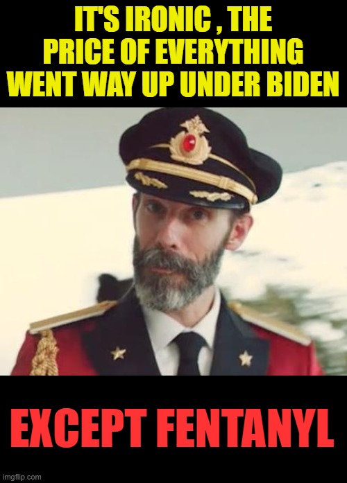 volume lowers prices.Im near Kensington Phila.  USA's Smack cap. TV show "Intervention" did a whole season there. Enoch hmu | IT'S IRONIC , THE PRICE OF EVERYTHING WENT WAY UP UNDER BIDEN; EXCEPT FENTANYL | image tagged in captain obvious,biden,corruption,drugs are bad,bribes | made w/ Imgflip meme maker