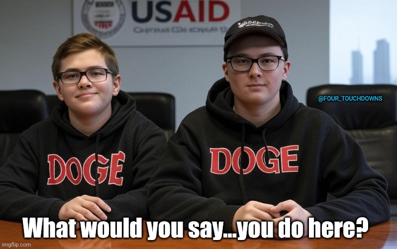 Meanwhile, over at USAID... | @FOUR_TOUCHDOWNS; What would you say...you do here? | image tagged in doge,elon | made w/ Imgflip meme maker