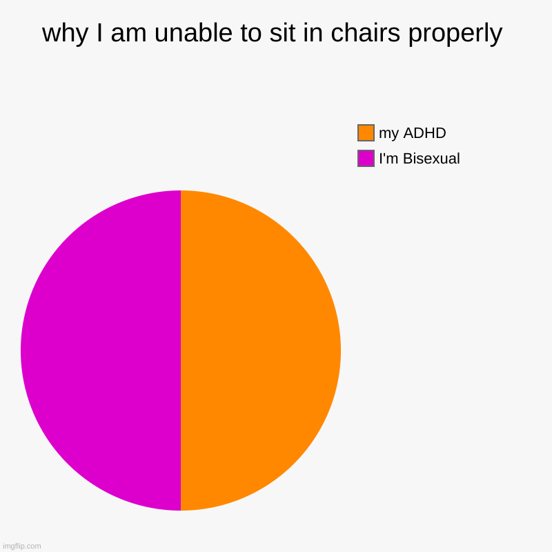 chairs are a no no | why I am unable to sit in chairs properly | I'm Bisexual, my ADHD | image tagged in charts,pie charts,adhd,lgbtq | made w/ Imgflip chart maker