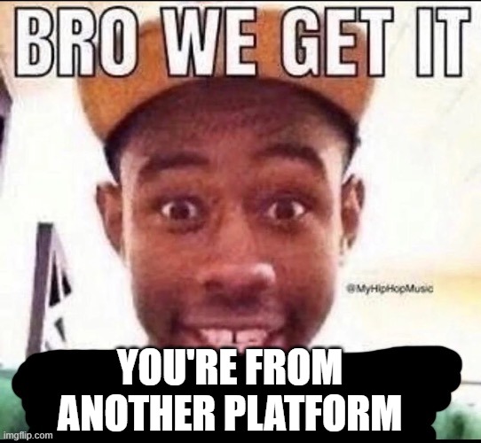 Bro we get it (blank) | YOU'RE FROM ANOTHER PLATFORM | image tagged in bro we get it blank | made w/ Imgflip meme maker