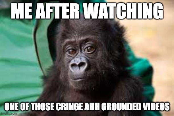 Relatable? | ME AFTER WATCHING; ONE OF THOSE CRINGE AHH GROUNDED VIDEOS | image tagged in baby condescending monke,memes,funny,monke,relatable,gorilla | made w/ Imgflip meme maker