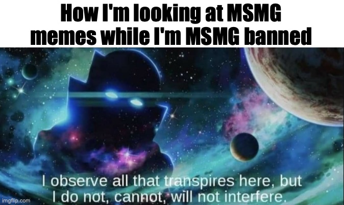 The Watcher | How I'm looking at MSMG memes while I'm MSMG banned | image tagged in the watcher | made w/ Imgflip meme maker