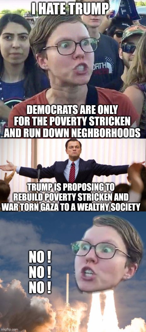 The Solution | I HATE TRUMP; DEMOCRATS ARE ONLY FOR THE POVERTY STRICKEN AND RUN DOWN NEGHBORHOODS; TRUMP IS PROPOSING TO REBUILD POVERTY STRICKEN AND WAR TORN GAZA TO A WEALTHY SOCIETY; NO !
NO !
NO ! | image tagged in triggered flounce blast off,leftists,liberals,democrats,gaza | made w/ Imgflip meme maker