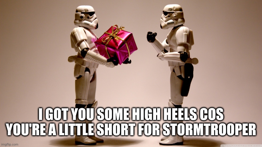 Stormtrooper gift | I GOT YOU SOME HIGH HEELS COS YOU'RE A LITTLE SHORT FOR STORMTROOPER | image tagged in stormtrooper gift | made w/ Imgflip meme maker