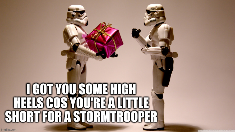 Short for a Stormtrooper | I GOT YOU SOME HIGH HEELS COS YOU'RE A LITTLE SHORT FOR A STORMTROOPER | image tagged in stormtrooper gift,high heels,present | made w/ Imgflip meme maker