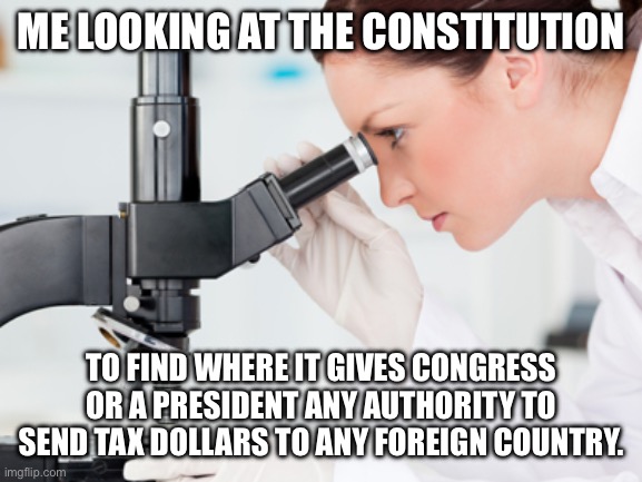 Scientist Microscope | ME LOOKING AT THE CONSTITUTION; TO FIND WHERE IT GIVES CONGRESS OR A PRESIDENT ANY AUTHORITY TO SEND TAX DOLLARS TO ANY FOREIGN COUNTRY. | image tagged in scientist microscope | made w/ Imgflip meme maker
