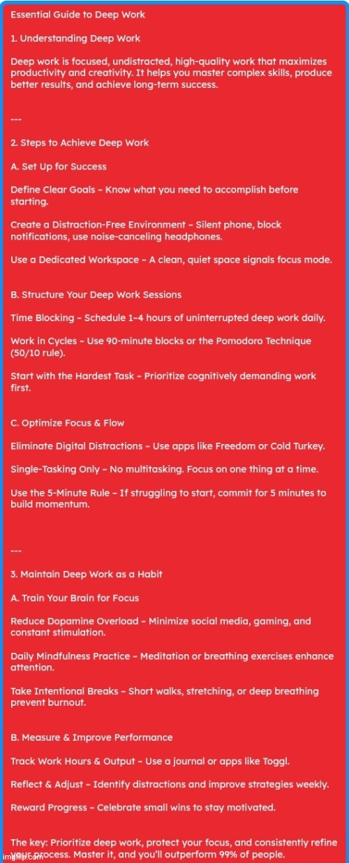 Essential Guide - Deep Work :> | image tagged in simothefinlandized,deep work,infographics,tutorial | made w/ Imgflip meme maker