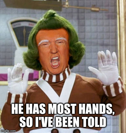 Trump Oompa Loompa | HE HAS MOST HANDS, SO I'VE BEEN TOLD | image tagged in trump oompa loompa | made w/ Imgflip meme maker