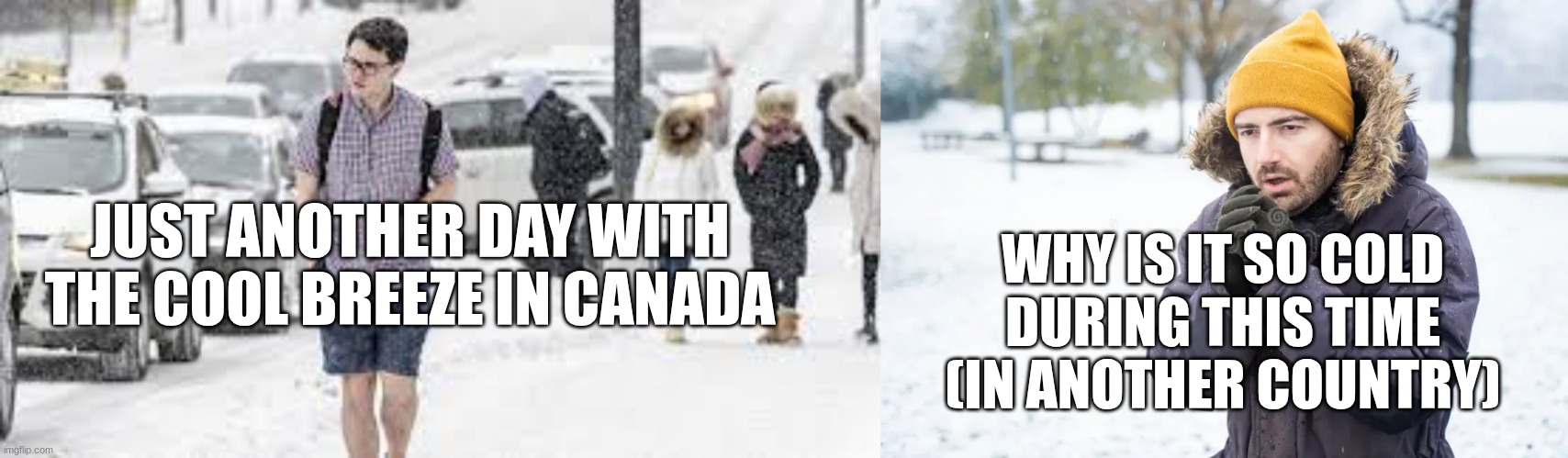 Winter | WHY IS IT SO COLD DURING THIS TIME
(IN ANOTHER COUNTRY); JUST ANOTHER DAY WITH THE COOL BREEZE IN CANADA | image tagged in winter | made w/ Imgflip meme maker