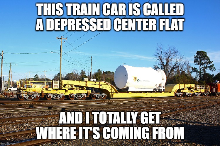 Depressed Train Car | THIS TRAIN CAR IS CALLED A DEPRESSED CENTER FLAT; AND I TOTALLY GET WHERE IT'S COMING FROM | image tagged in depressed,depression,train car,rail car | made w/ Imgflip meme maker