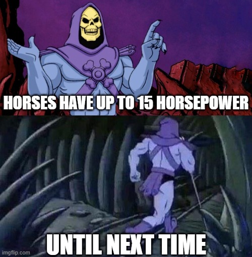 honce | HORSES HAVE UP TO 15 HORSEPOWER; UNTIL NEXT TIME | image tagged in he man skeleton advices | made w/ Imgflip meme maker