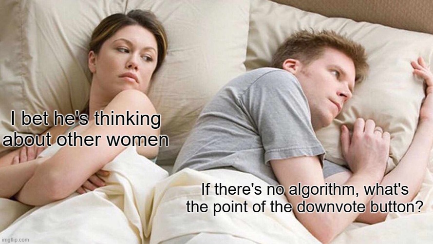 I Bet He's Thinking About Other Women | I bet he's thinking about other women; If there's no algorithm, what's the point of the downvote button? | image tagged in memes,i bet he's thinking about other women | made w/ Imgflip meme maker