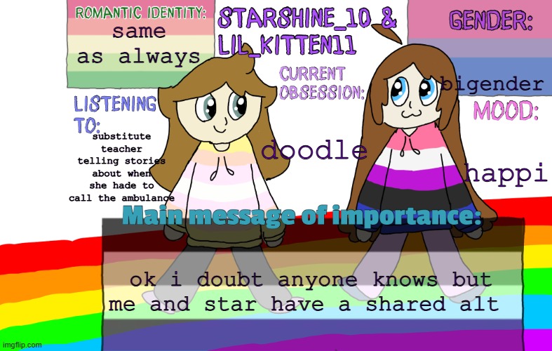 Starshine and Lil_kitten extra announcement temp. | same as always; bigender; substitute teacher telling stories about when she hade to call the ambulance; doodle; happi; ok i doubt anyone knows but me and star have a shared alt | image tagged in starshine and lil_kitten extra announcement temp | made w/ Imgflip meme maker