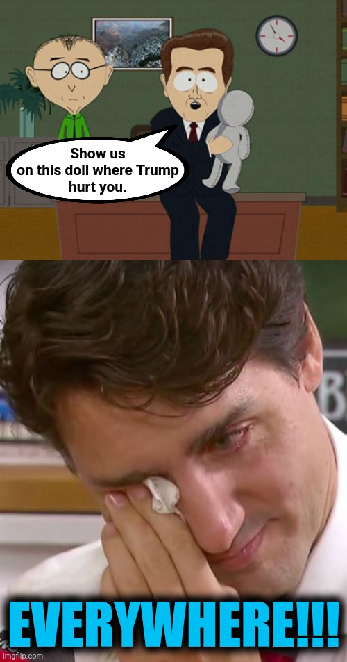 Show us
on this doll where Trump
hurt you. EVERYWHERE!!! | image tagged in show me on this doll,justin trudeau crying | made w/ Imgflip meme maker