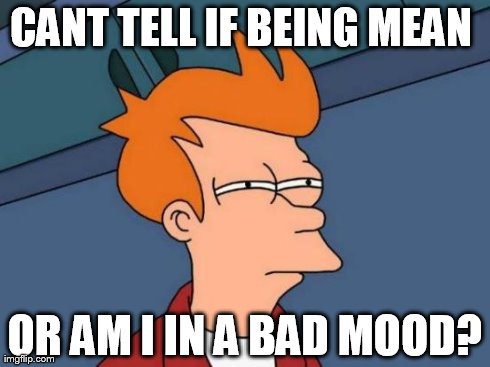 Futurama Fry Meme | CANT TELL IF BEING MEAN
 OR AM I IN A BAD MOOD? | image tagged in memes,futurama fry | made w/ Imgflip meme maker