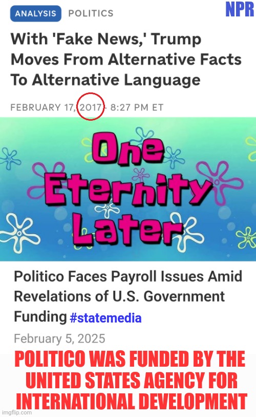 Politico’s Payroll Crisis And The Government Spending Freeze: Coincidence Or Connection? | NPR; #statemedia; POLITICO WAS FUNDED BY THE 
UNITED STATES AGENCY FOR
INTERNATIONAL DEVELOPMENT | image tagged in waiting for truth,fake news,trump,america,government | made w/ Imgflip meme maker