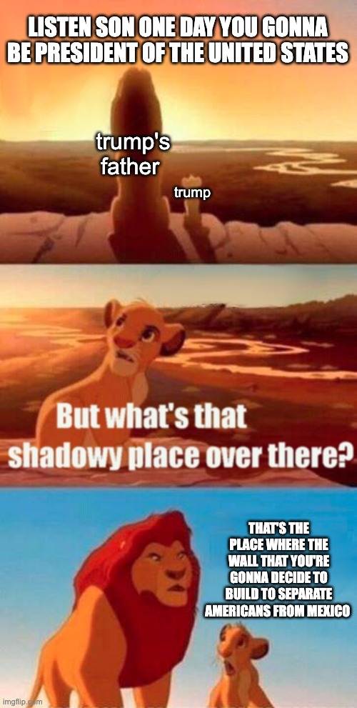 this is probably what happened to trump as a child | LISTEN SON ONE DAY YOU GONNA BE PRESIDENT OF THE UNITED STATES; trump's father; trump; THAT'S THE PLACE WHERE THE WALL THAT YOU'RE GONNA DECIDE TO BUILD TO SEPARATE AMERICANS FROM MEXICO | image tagged in memes,simba shadowy place | made w/ Imgflip meme maker