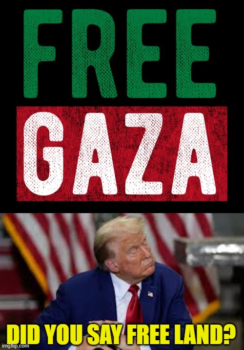 Free Gaza Land Deal | DID YOU SAY FREE LAND? | image tagged in trump,trump tower,israel,palestine,maga,free stuff | made w/ Imgflip meme maker