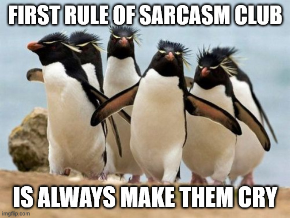 Penguin Gang Meme | FIRST RULE OF SARCASM CLUB IS ALWAYS MAKE THEM CRY | image tagged in memes,penguin gang | made w/ Imgflip meme maker