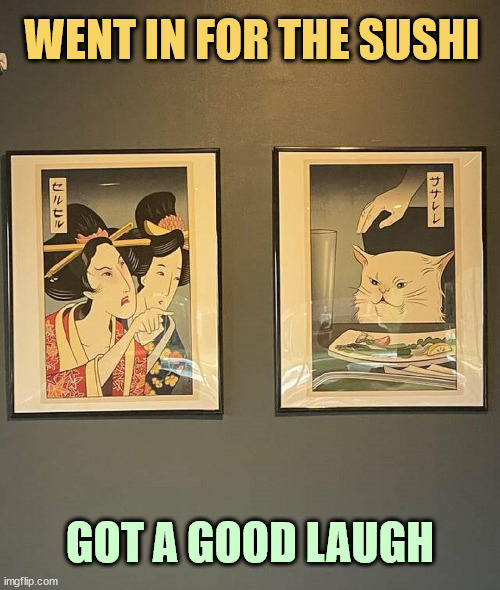 Only in Japan #1 | WENT IN FOR THE SUSHI; GOT A GOOD LAUGH | image tagged in memes about memes,restaurant,art,woman yelling at cat,unexpected,japan | made w/ Imgflip meme maker