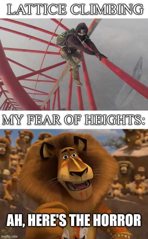 Here's the Horror | LATTICE CLIMBING; MY FEAR OF HEIGHTS:; AH, HERE'S THE HORROR | image tagged in lattice climbing,alex the lion,meme,madagascar,funny,climbing | made w/ Imgflip meme maker