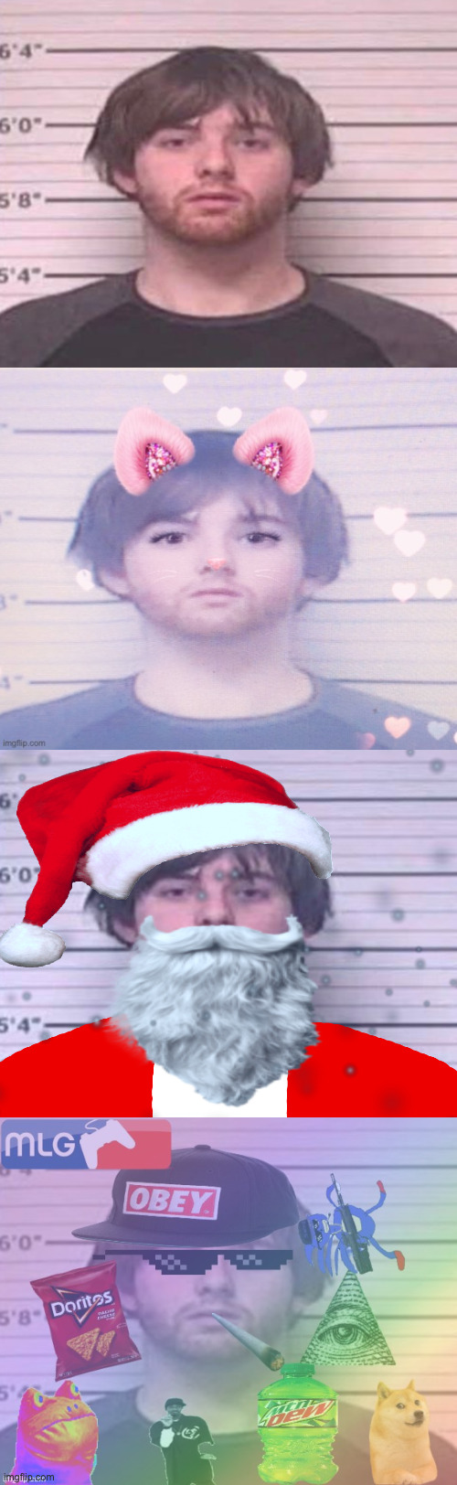 all canon variations of maze (i caused the christmas one to be made btw) | image tagged in lazymazy mug shot,lazymazy mugshot but he's a femboy,maze claus,mlg maze | made w/ Imgflip meme maker