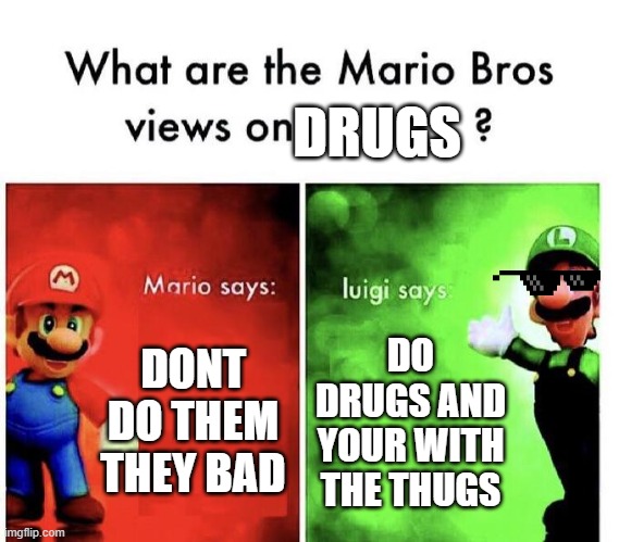 luigi is kinda right but not really | DRUGS; DONT DO THEM THEY BAD; DO DRUGS AND YOUR WITH THE THUGS | image tagged in mario bros views | made w/ Imgflip meme maker