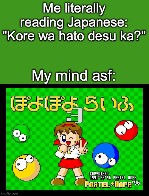 My mind every time I'm reading Japanese: | Me literally reading Japanese: "Kore wa hato desu ka?"; My mind asf: | image tagged in sis's own title screen,funny,japan,memes,relatable,mind | made w/ Imgflip meme maker