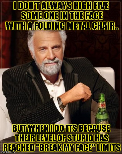 The Most Interesting Man In The World | I DON'T ALWAYS HIGH FIVE SOME ONE IN THE FACE WITH A FOLDING METAL CHAIR.. BUT WHEN I DO ITS BECAUSE THEIR LEVEL OF STUPID HAS REACHED "BREA | image tagged in memes,the most interesting man in the world | made w/ Imgflip meme maker