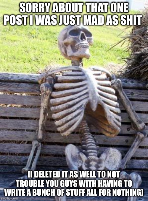 I wasn’t in the mental state to deal with my social studies teachers shit earlier so sorry | SORRY ABOUT THAT ONE POST I WAS JUST MAD AS SHIT; [I DELETED IT AS WELL TO NOT TROUBLE YOU GUYS WITH HAVING TO WRITE A BUNCH OF STUFF ALL FOR NOTHING] | image tagged in memes,waiting skeleton | made w/ Imgflip meme maker