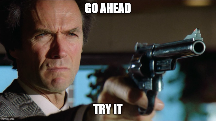 dirty harry | GO AHEAD TRY IT | image tagged in dirty harry | made w/ Imgflip meme maker