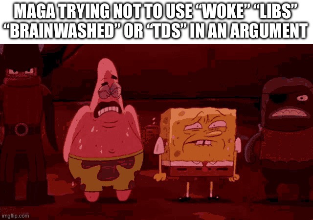 Or it’s what-aboutism | MAGA TRYING NOT TO USE “WOKE” “LIBS” “BRAINWASHED” OR “TDS” IN AN ARGUMENT | image tagged in spongebob and patrick melting | made w/ Imgflip meme maker