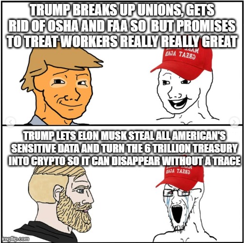 Stupid Trump Supporter | TRUMP BREAKS UP UNIONS, GETS RID OF OSHA AND FAA SO  BUT PROMISES TO TREAT WORKERS REALLY REALLY GREAT; TRUMP LETS ELON MUSK STEAL ALL AMERICAN'S SENSITIVE DATA AND TURN THE 6 TRILLION TREASURY INTO CRYPTO SO IT CAN DISAPPEAR WITHOUT A TRACE | image tagged in stupid trump supporter | made w/ Imgflip meme maker