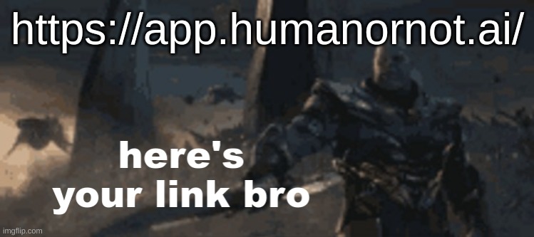 past it into the comments yourself | https://app.humanornot.ai/ | image tagged in here's your link bro | made w/ Imgflip meme maker