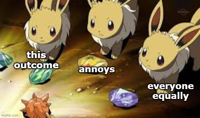 Go figure | this
outcome; annoys; everyone
equally | image tagged in three eevees | made w/ Imgflip meme maker