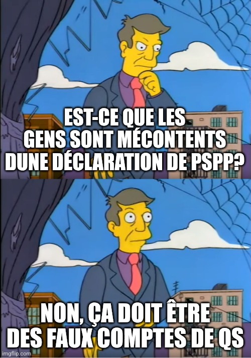 Skinner Out Of Touch | EST-CE QUE LES GENS SONT MÉCONTENTS DUNE DÉCLARATION DE PSPP? NON, ÇA DOIT ÊTRE DES FAUX COMPTES DE QS | image tagged in skinner out of touch | made w/ Imgflip meme maker