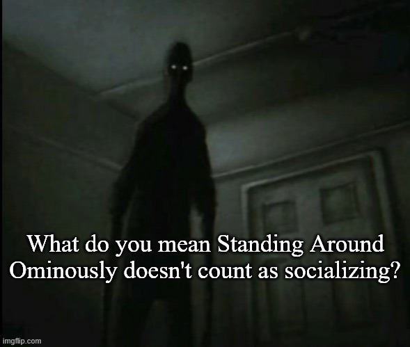 Socializing | What do you mean Standing Around Ominously doesn't count as socializing? | image tagged in funny,humor,introvert | made w/ Imgflip meme maker