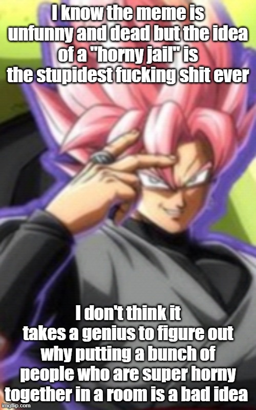 Smart goku black | I know the meme is unfunny and dead but the idea of a ''horny jail" is the stupidest fucking shit ever; I don't think it takes a genius to figure out why putting a bunch of people who are super horny together in a room is a bad idea | image tagged in smart goku black | made w/ Imgflip meme maker