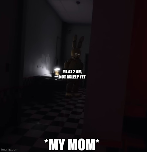 ME AT 2 AM, NOT ASLEEP YET; *MY MOM* | image tagged in fnaf,springtrap,funny,relatable | made w/ Imgflip meme maker